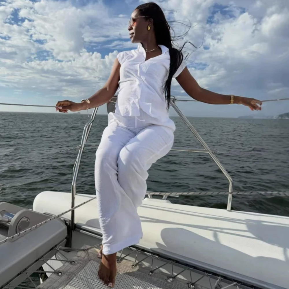 ZARA African Casual Notch Lapel Single Breasted White Shirt Straight Pants Set